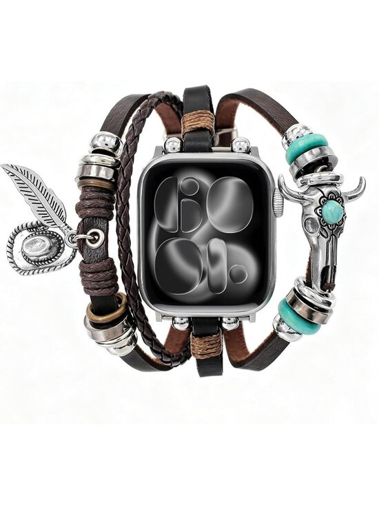 Accessories - Unisex Hat Feather Beaded Boho Bracelet Compatible Leather Band with Apple Watch